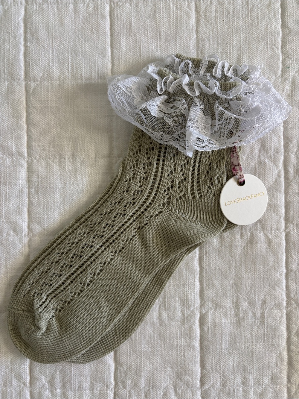 LoveShackFancy Olive Green Knit Socks with White Lace Ruffle
